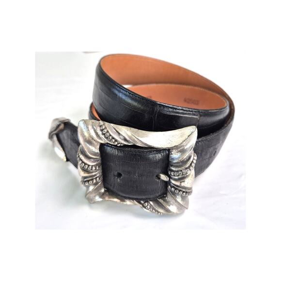 Brighton Belt Black Womens Med Embossed Leather Silver Tone Large Buckle & Tip - Picture 8 of 9